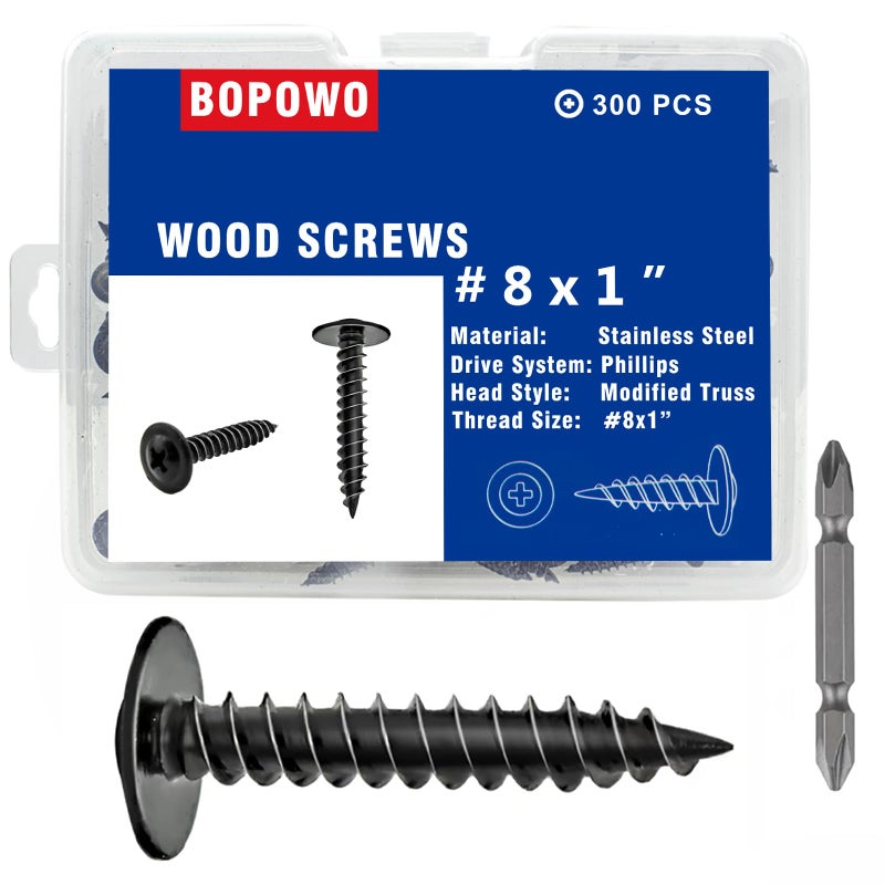 Bopowo (300PCS) #8X1 Black Truss Head Wood Screws Quick Metal Self Tapping Screws - Image 1